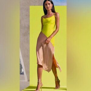 Cushnie X Target Tan and Lime Colorblock Cowl Neck Midi Slip Dress Size 14